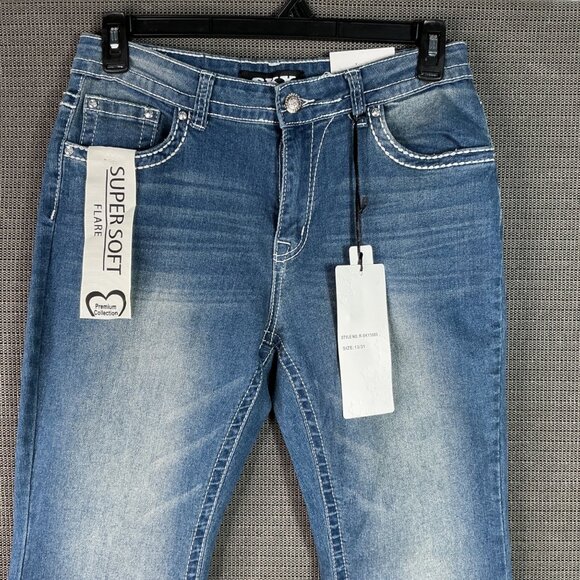 SKY Womens Size 13/14 Blue Super Soft Flare Jeans With Rhinestone Pocket Detail - Picture 6 of 12